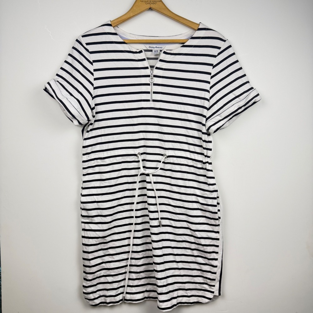 Tommy Bahama Womens Striped Quarter Zip Drawstring Waist T-Shirt Dress Medium
